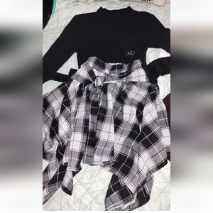 Black Ribbed Top with Black & White Plaid Paperbag Skirt Set